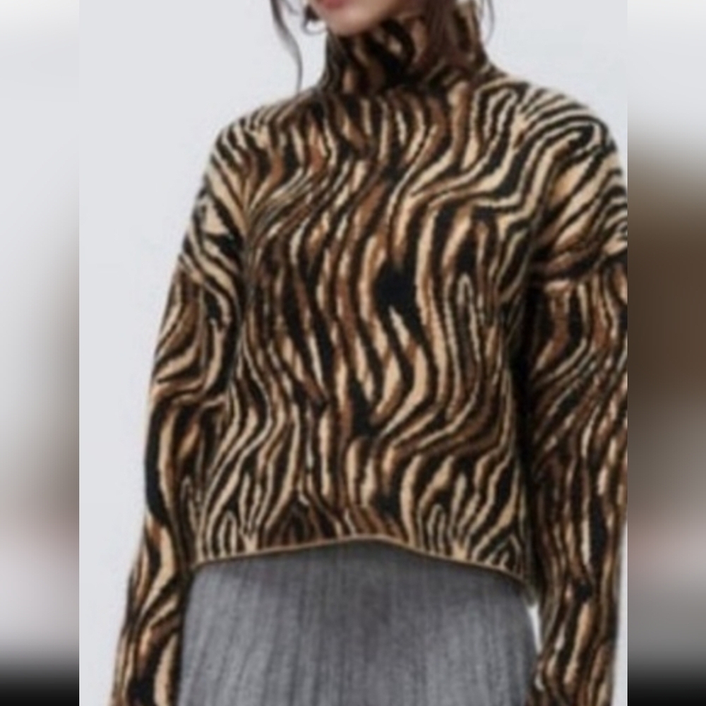 Zara Zebra Print Funnel Neck Knit Blend  Sweater